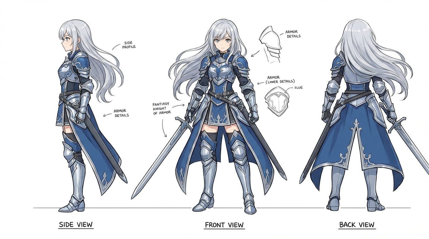 Character design sheet, full body, front view, side view, back view, anime fantasy knight girl, silver hair, intricate blue armor, holding a sword, white background, clean lines, concept art style --niji 7 --no background