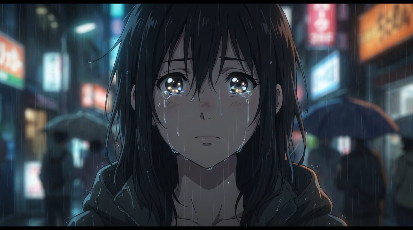 A cinematic shot of an anime girl crying in the rain, heavy emotional depth, detailed tears reflecting city lights, sharp focus on eyes, Kyoto Animation style, high contrast, heavy atmosphere --niji 7 --ar 16:9