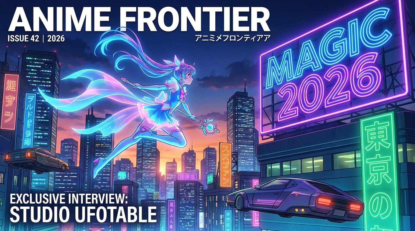 Anime magazine cover illustration, a magical girl flying over a futuristic Tokyo, vibrant colors, detailed cityscape, text "MAGIC 2026" in neon lights in the background, dynamic angle, ufotable style, masterpiece, 8k resolution --niji 7 --ar 2:3