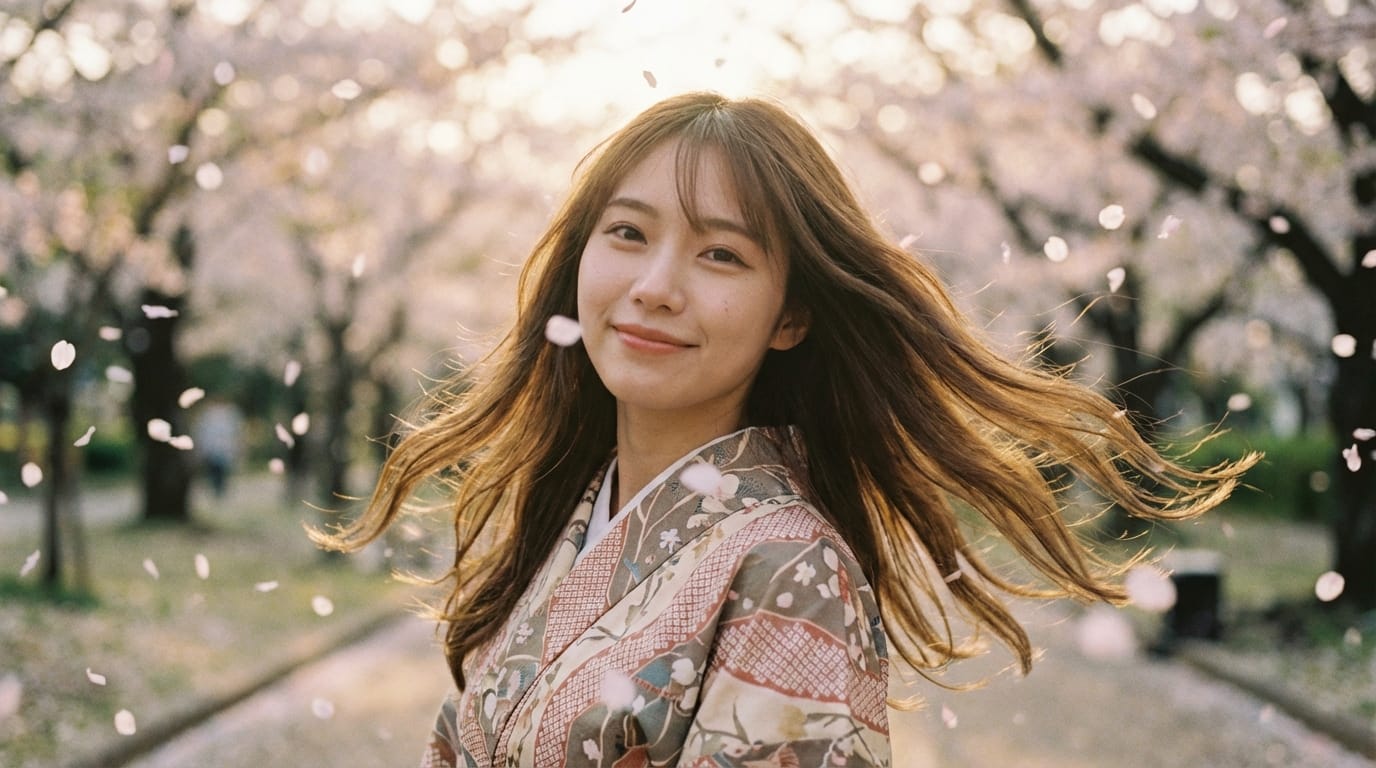 少女が微笑みながらこちらを見ている、髪が風になびく、背景の桜の花びらがゆっくりと舞い落ちる、穏やかな動き