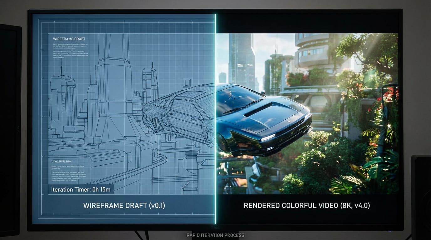 A split screen comparison showing a wireframe video draft on the left and a rendered colorful video on the right, representing rapid iteration