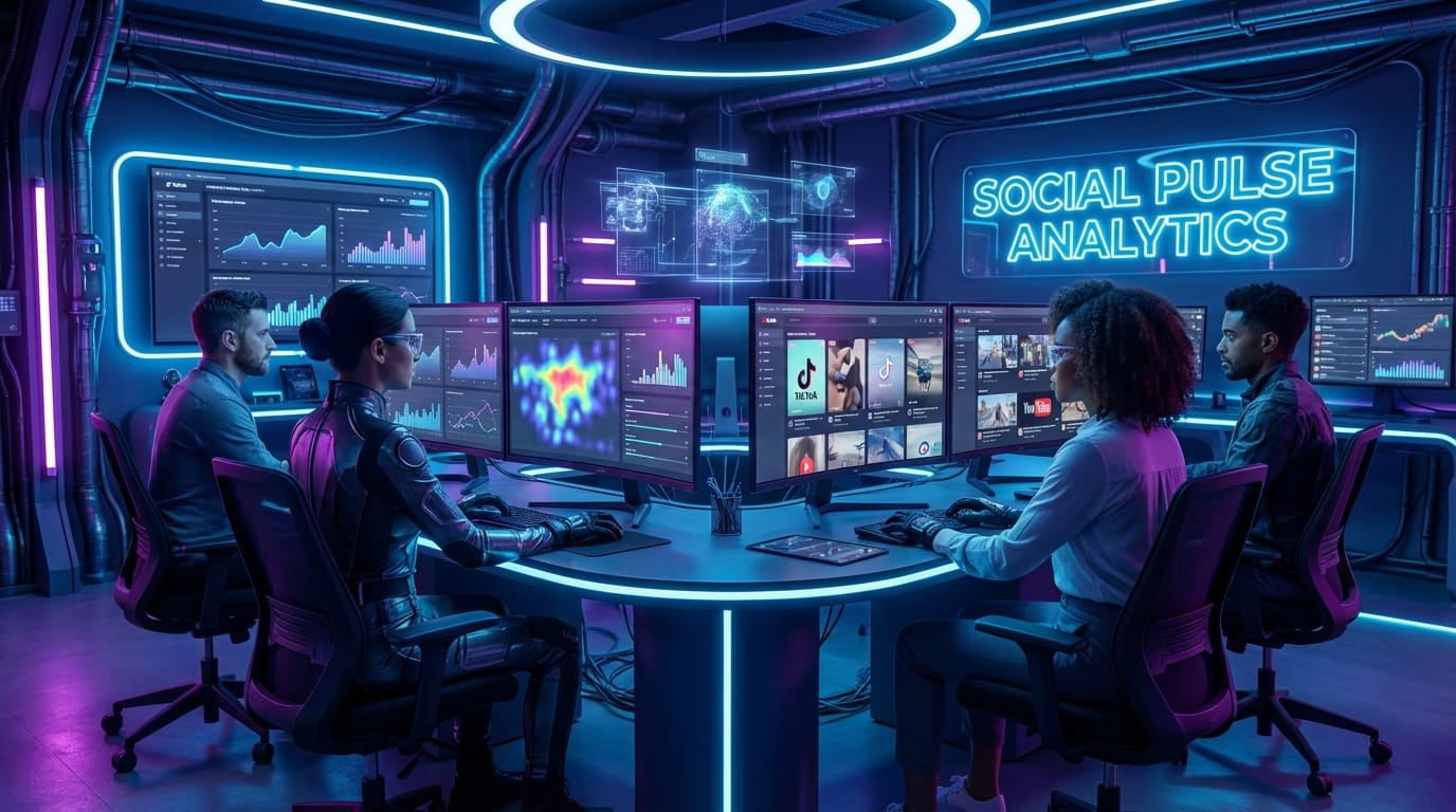 A digital marketing team analyzing social media video metrics on multiple screens, futuristic office style, neon lighting, highly detailed