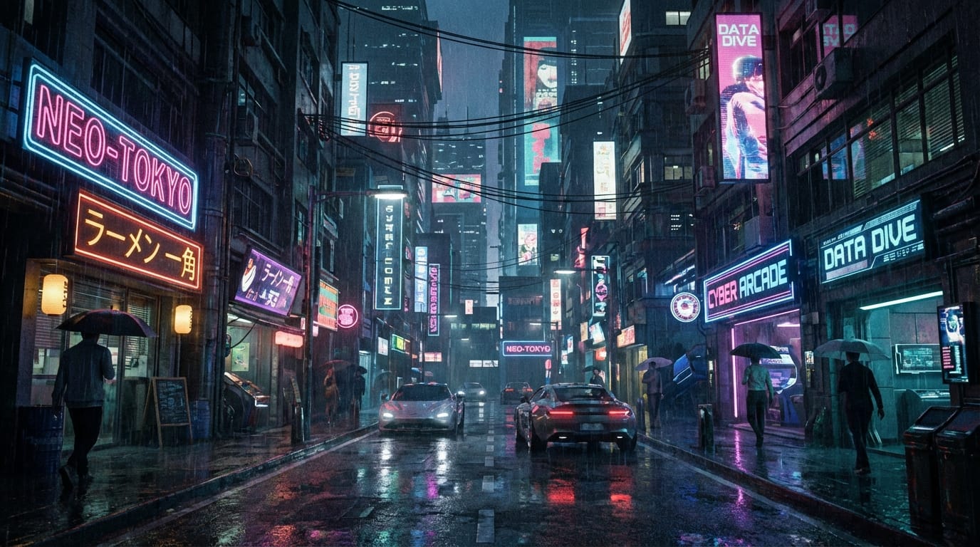 ネオンライトが輝くサイバーパンクな街並み、雨に濡れた路面、カメラがゆっくりと前進する、シネマティックな照明、4k、高解像度