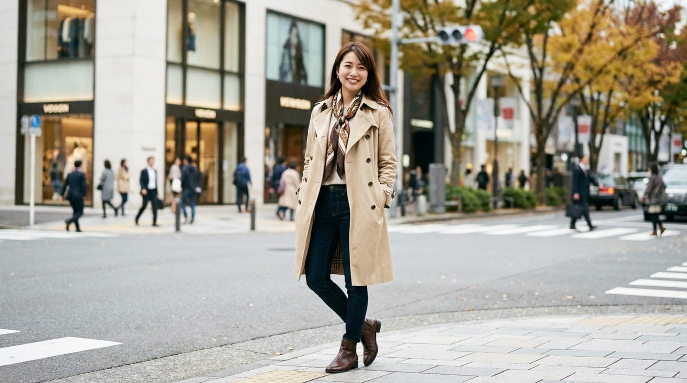 20s Japanese female fashion model standing on a street corner in Omotesando, Tokyo under natural light, wearing a trendy beige trench coat, confident smile, blurred cityscape background, high quality, fashion magazine style photo