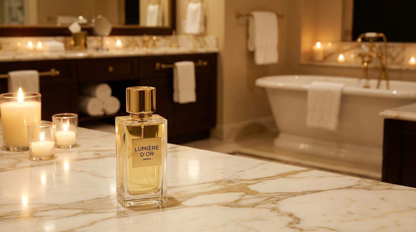 Perfume bottle placed on a luxury marble counter, background is a luxury hotel bathroom, warm candlelight, luxurious atmosphere, 4k, hyper-realistic