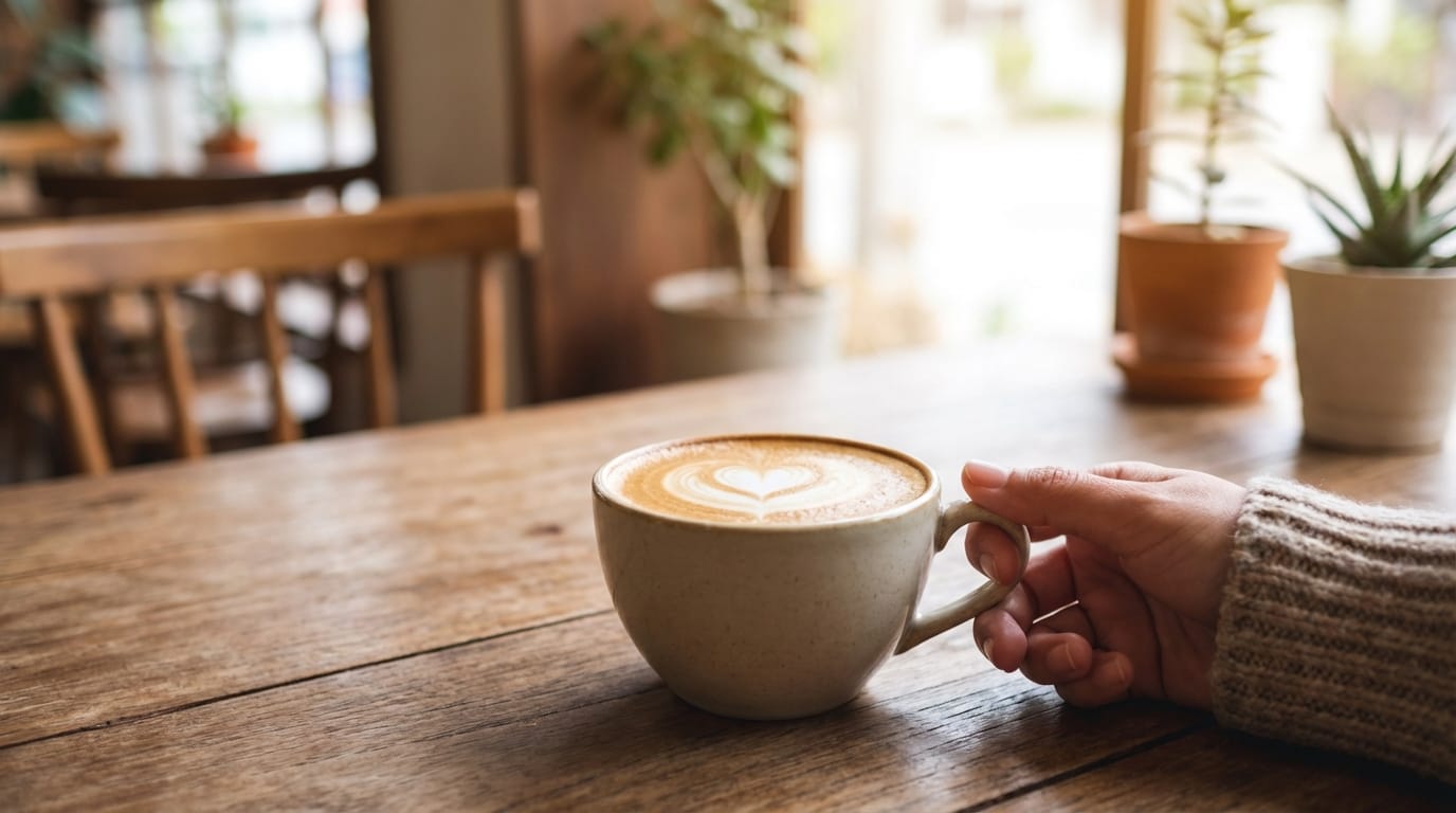 Morning sunlight streaming through a cafe window, close-up of a latte with latte art on a wooden table, a woman's hand holding the cup, high resolution, photorealistic, soft lighting, depth of field, 8k