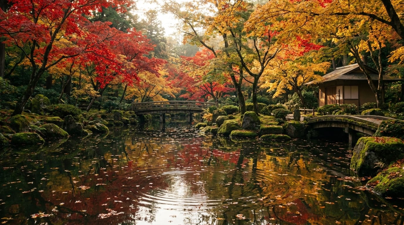 美しい日本の秋の庭園、紅葉したカエデの木々、池に落ちる葉、穏やかな水面の波紋、柔らかな自然光、高解像度、映画のような撮影、スローモーション