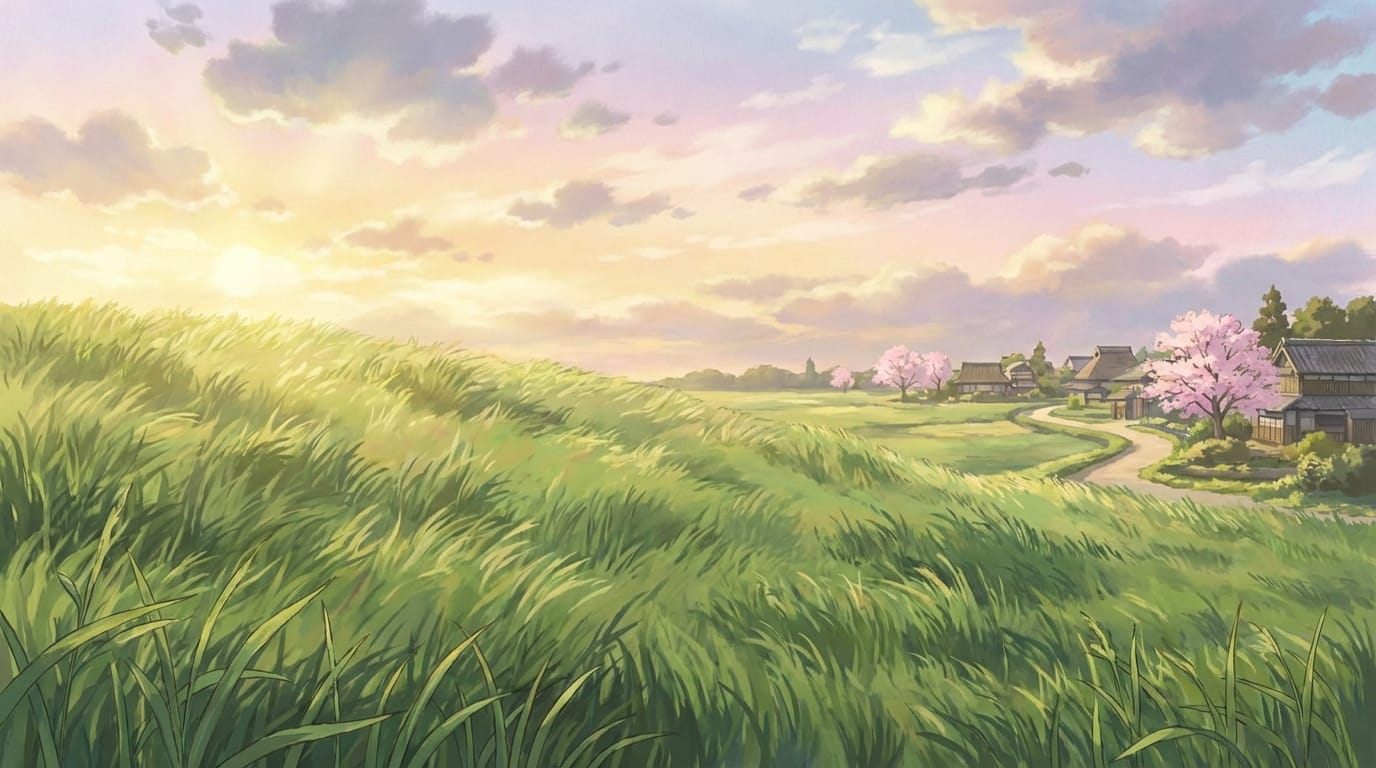 A serene desktop wallpaper background, anime style landscape, gentle wind blowing through grass, soft sunlight, 1080p high resolution, cinematic lighting, calm atmosphere