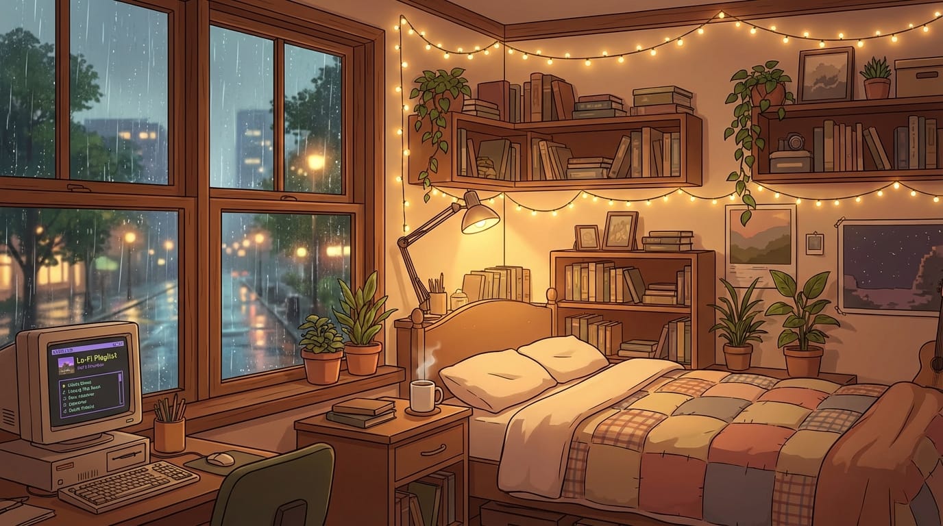 Cozy anime style bedroom interior with rain outside window, warm lighting, lo-fi aesthetic