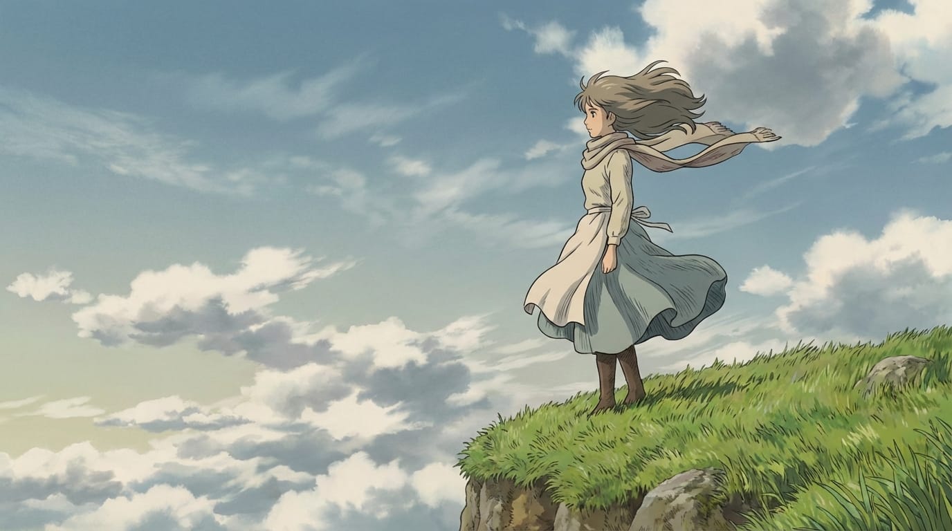 風になびく髪と服、背景の雲がゆっくりと流れる、繊細な動き、高品質なアニメーション、4k、詳細なディテール