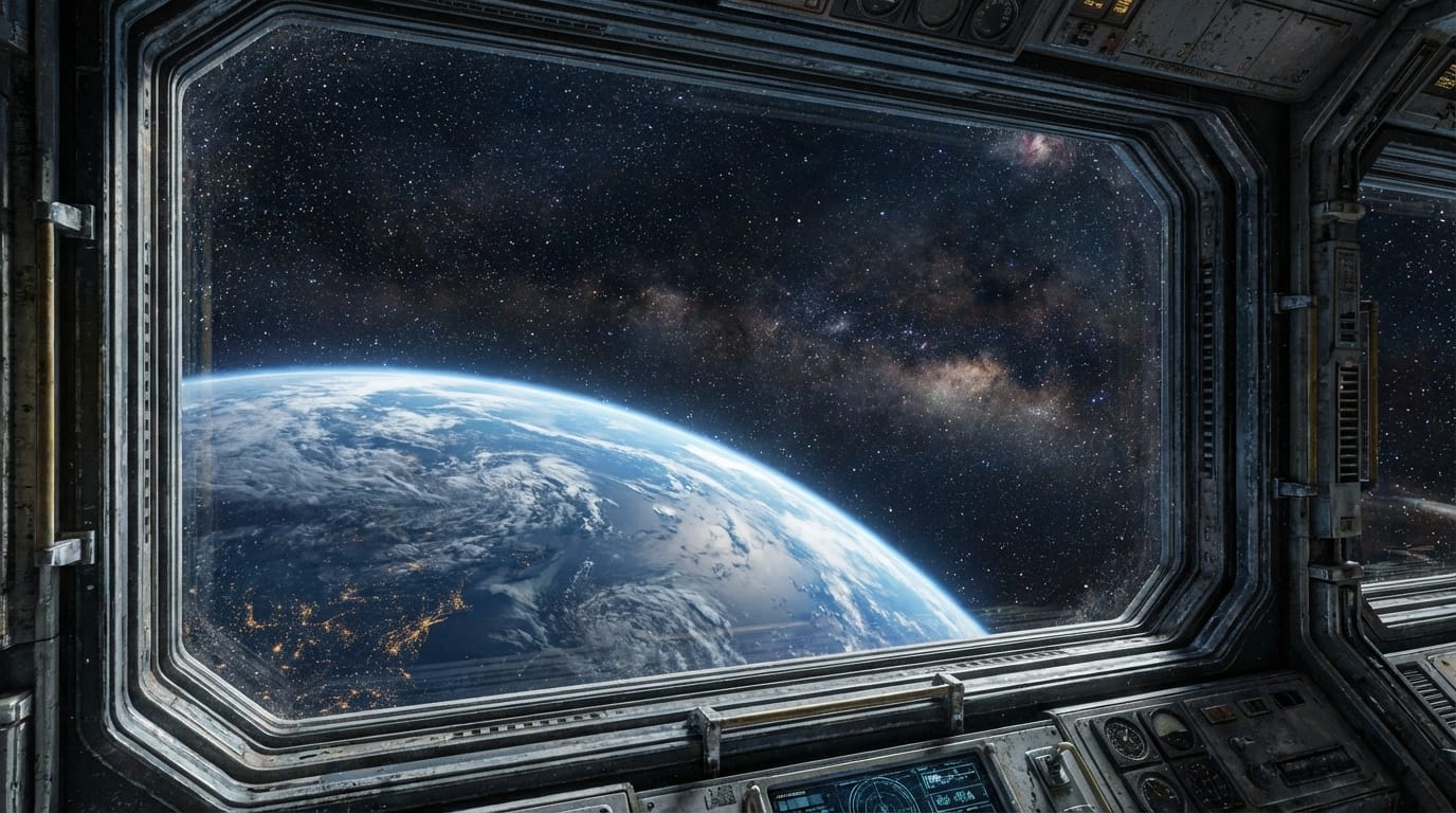 巨大な宇宙ステーションの窓から見える地球と星空、ゆっくりとした惑星の自転、静かな宇宙空間、SF映画の雰囲気、固定カメラ、超高画質、リアルな質感
