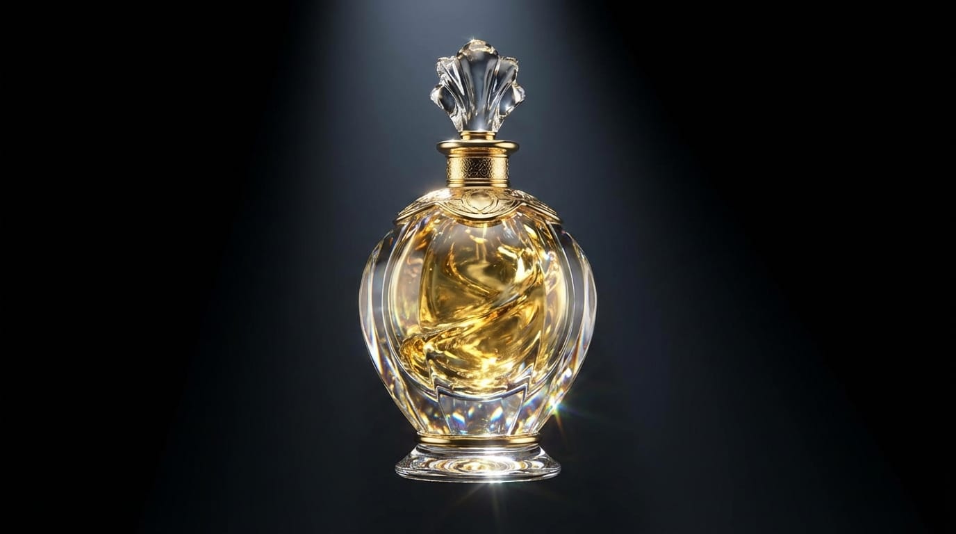 高級なガラス瓶に入った香水が、暗い背景の中でスポットライトを浴びて回転している。金色の液体が揺れ、光が屈折して輝く。カメラはゆっくりとズームインする。高解像度、シネマティックなライティング、4k、広告映像品質。
