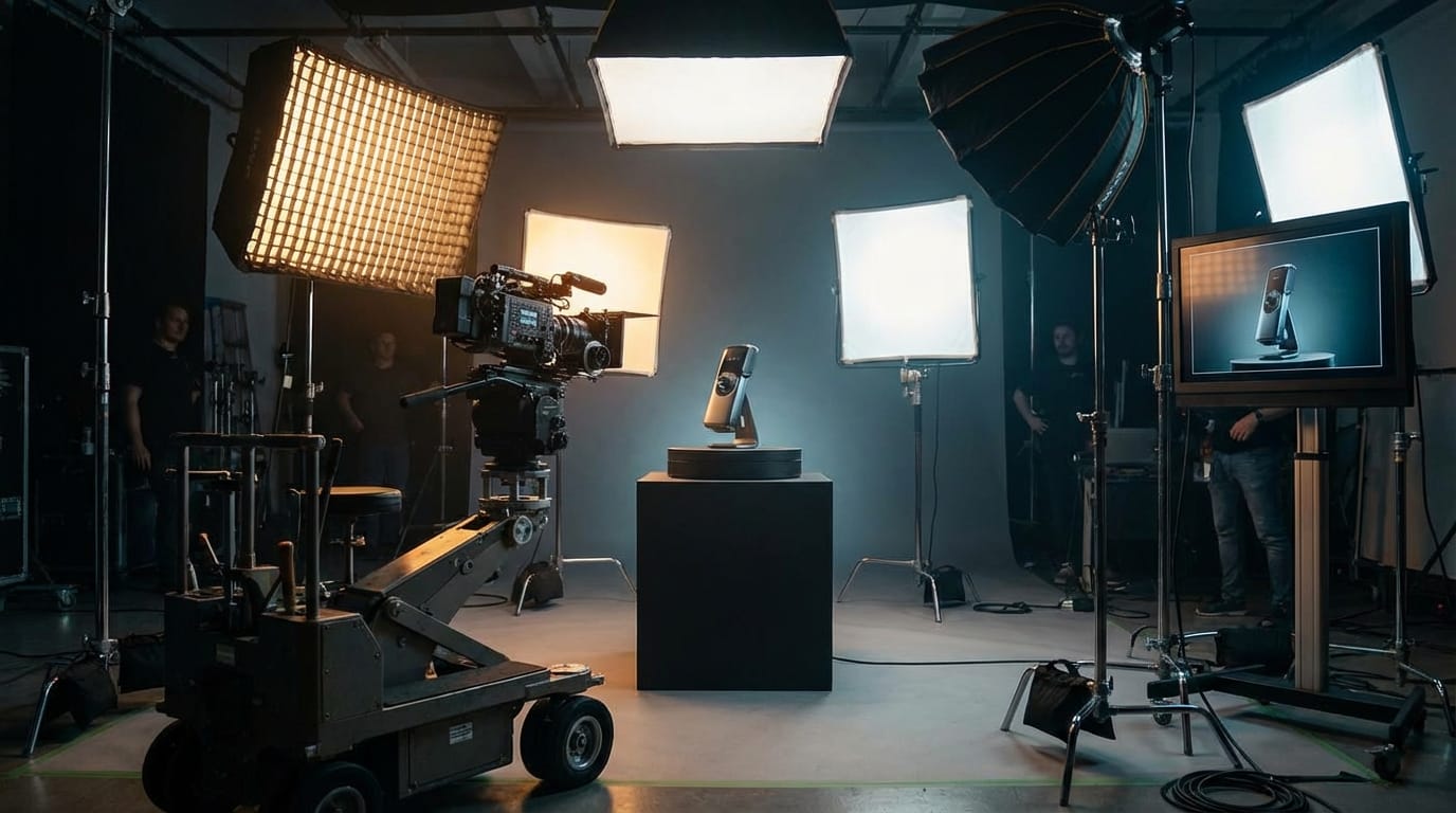 A professional film studio setup with high-end cameras and lighting equipment, focused on a product shoot, cinematic lighting, 8k resolution
