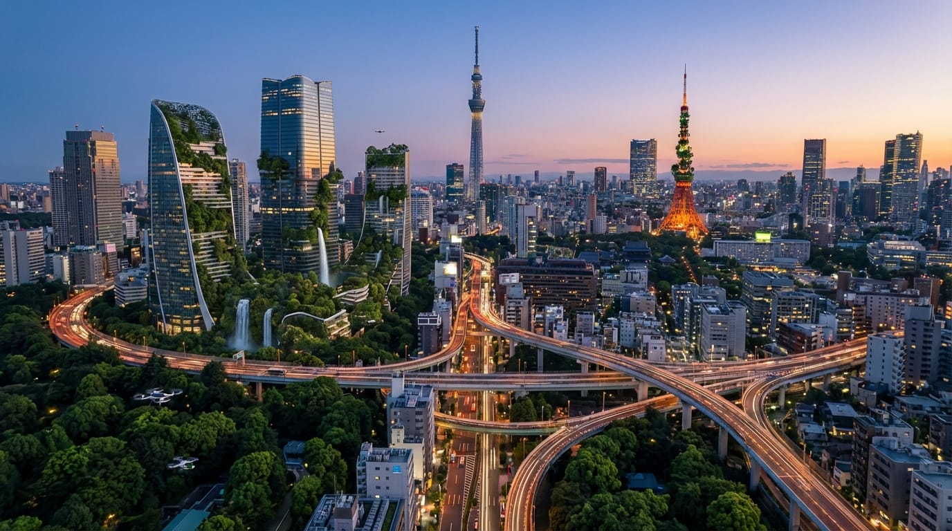 2050年の東京のスカイライン。緑豊かな超高層ビルが立ち並び、空飛ぶ車が行き交う。夕暮れ時、街の明かりが灯り始める。ドローンカメラがビルの間を滑らかに飛行し、街全体を見渡す。フォトリアリスティック、詳細なテクスチャ、映画のような品質。