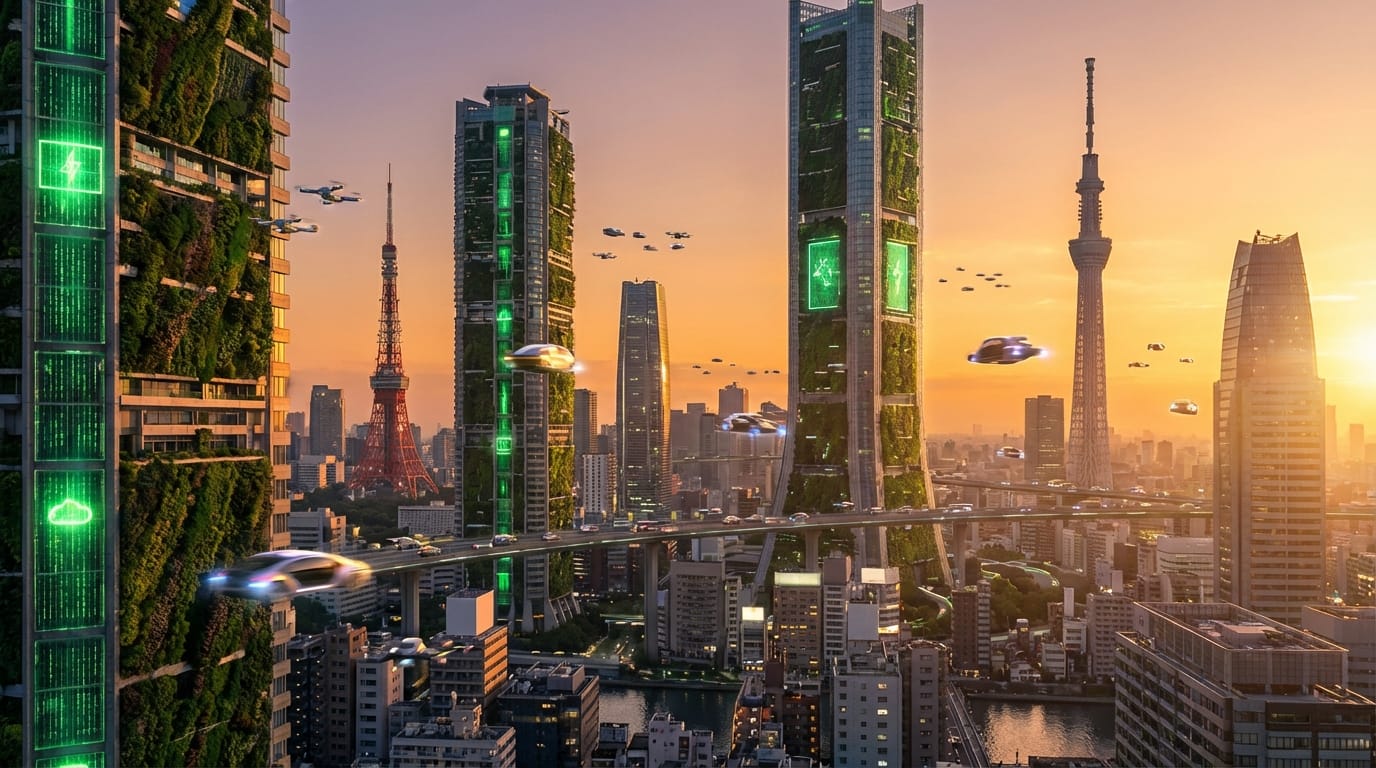 Futuristic Tokyo skyline in 2050 with green skyscrapers and flying cars at sunset, photorealistic style