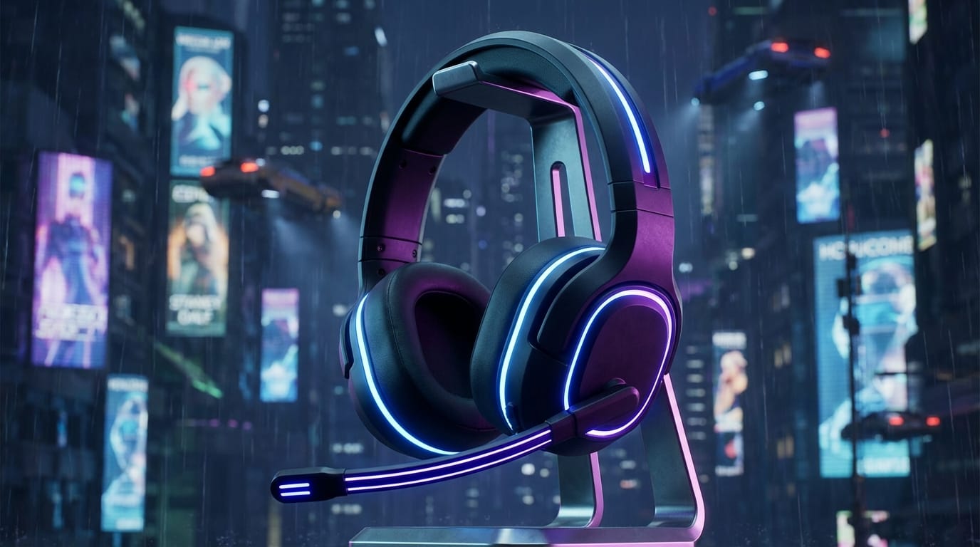 futuristic gaming headset with neon accents, matte black texture, cyberpunk background, detailed texture, unreal engine 5 style render, 4k