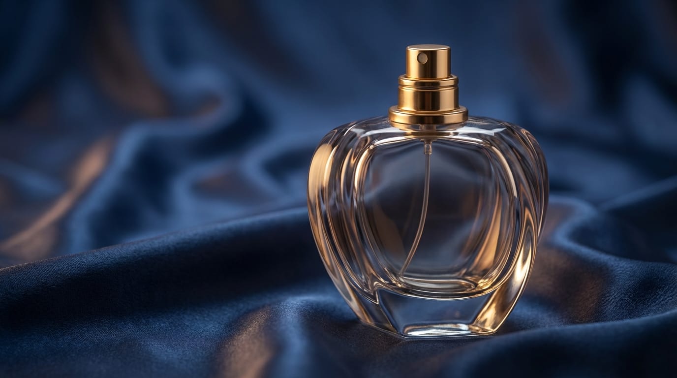 高級なガラス製の香水ボトル、エレガントな曲線デザイン、金色のキャップ。背景はシルクのような質感の深い青色の布、ソフトなスタジオライティング、ボケ味のある背景、映画のような照明、超高解像度、8k、フォトリアリスティック、製品広告写真。