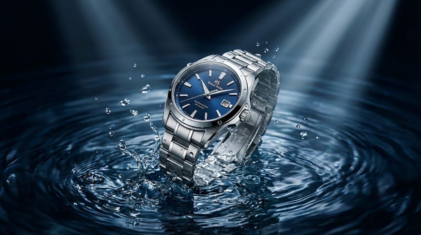 commercial photography of a luxury wrist watch floating in water, splashes, dramatic lighting, high detail, 8k resolution, professional studio lighting, product focus