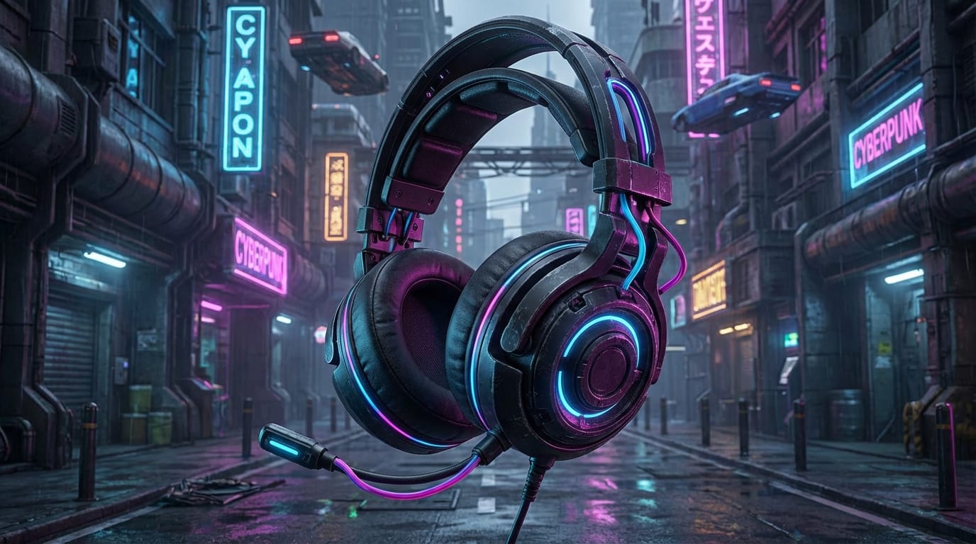 未来的なデザインのゲーミングヘッドセット、ネオンライトのアクセント、マットブラックの質感、サイバーパンク風の背景、詳細なテクスチャ、Unreal Engine 5レンダリング風、4k。