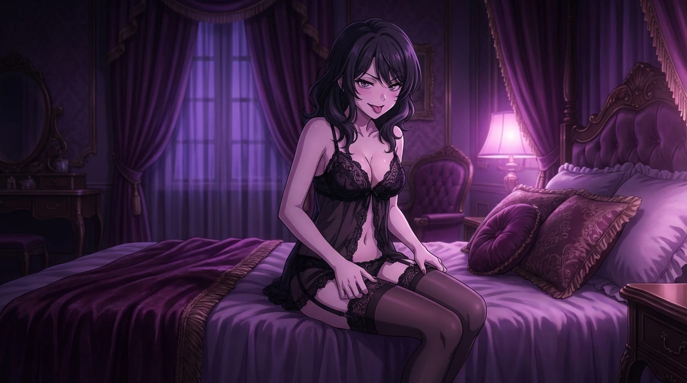 masterpiece, best quality, anime style, 1girl, provocative smile, tongue out, black lace lingerie, garter stockings, zettai ryouiki, thigh squeeze, on luxurious bed, dim room, purple ambient light, intense atmosphere
