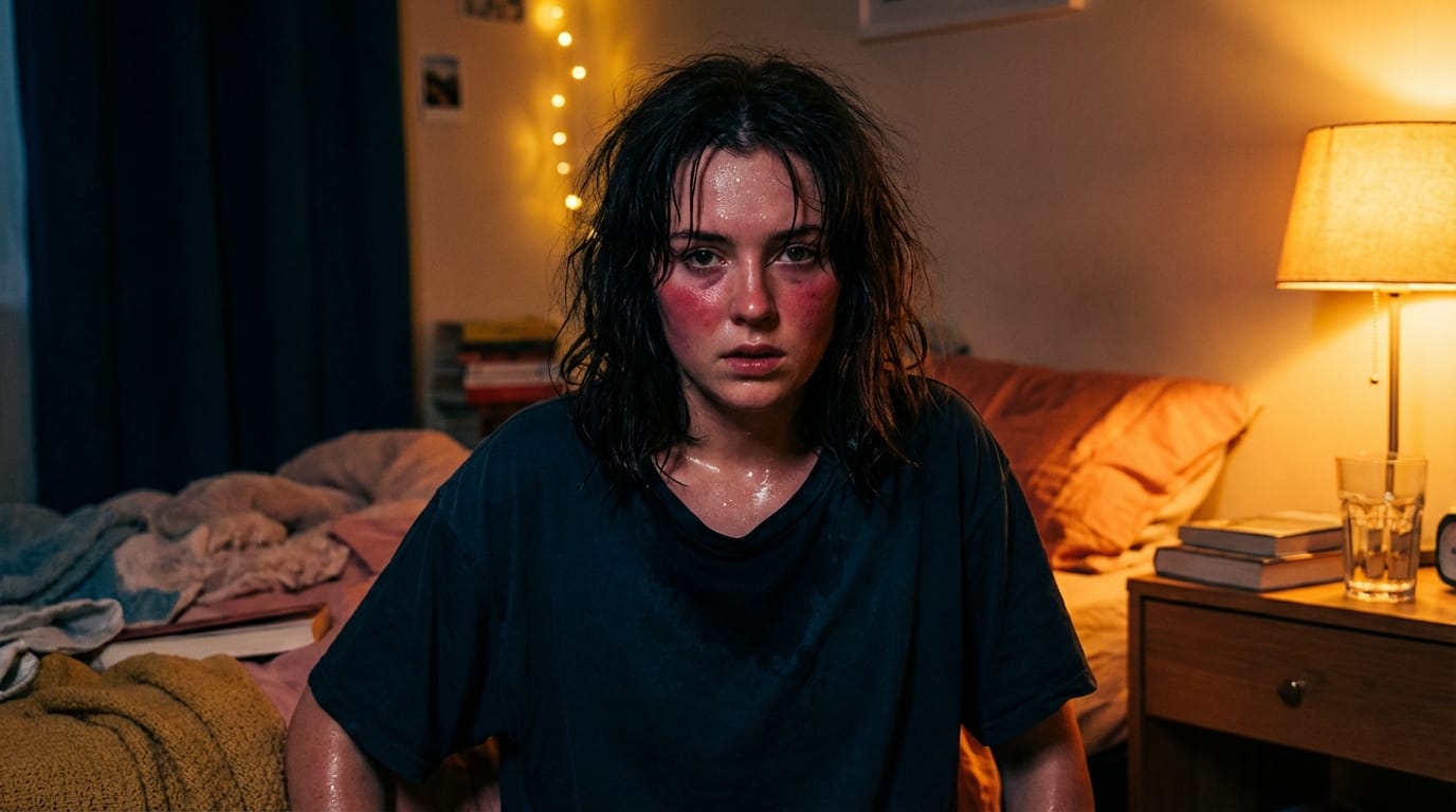 masterpiece, best quality, 1girl, solo, intense desire, sweaty skin, wet skin, glossy skin, blushing, heavy breathing, messy hair, looking at viewer, bedroom, dim lighting, high contrast, vivid colors