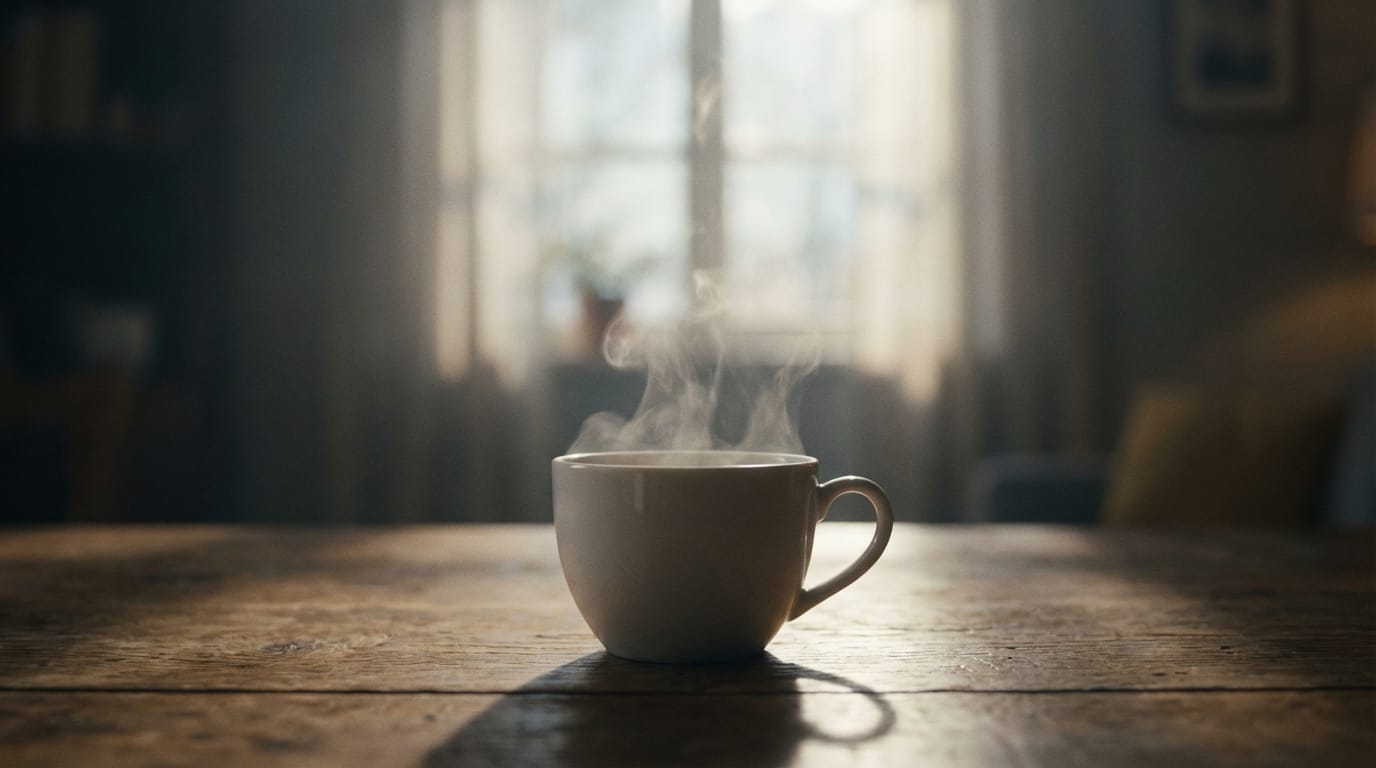 木製のテーブルに置かれた淹れたてのコーヒーカップ。湯気が柔らかく立ち上り、窓から差し込む朝の光が変化する。シネマティックな被写界深度、落ち着いた雰囲気、スローモーション。