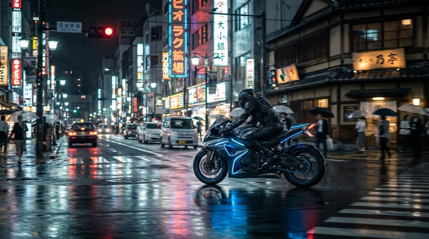 A cinematic vertical video shot (9:16) of a neon-lit Tokyo street at night, rain reflecting on the pavement, fast camera movement following a futuristic motorcycle, high detail, photorealistic, 4k