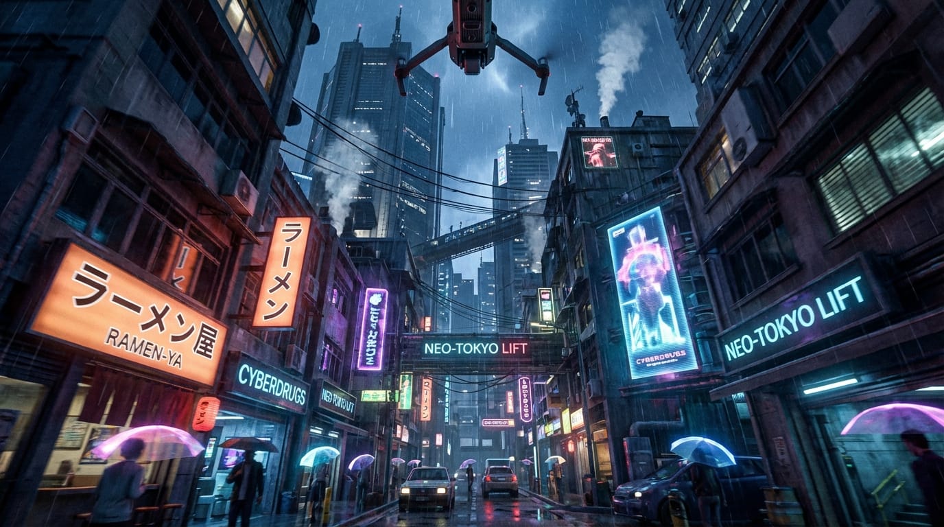 サイバーパンクな都市の路地裏、ネオンライトが濡れた地面に反射している。カメラはドローン視点で急速に上昇し、高層ビルの屋上へ向かう。映画のような照明、4K解像度、縦型動画（9:16）。