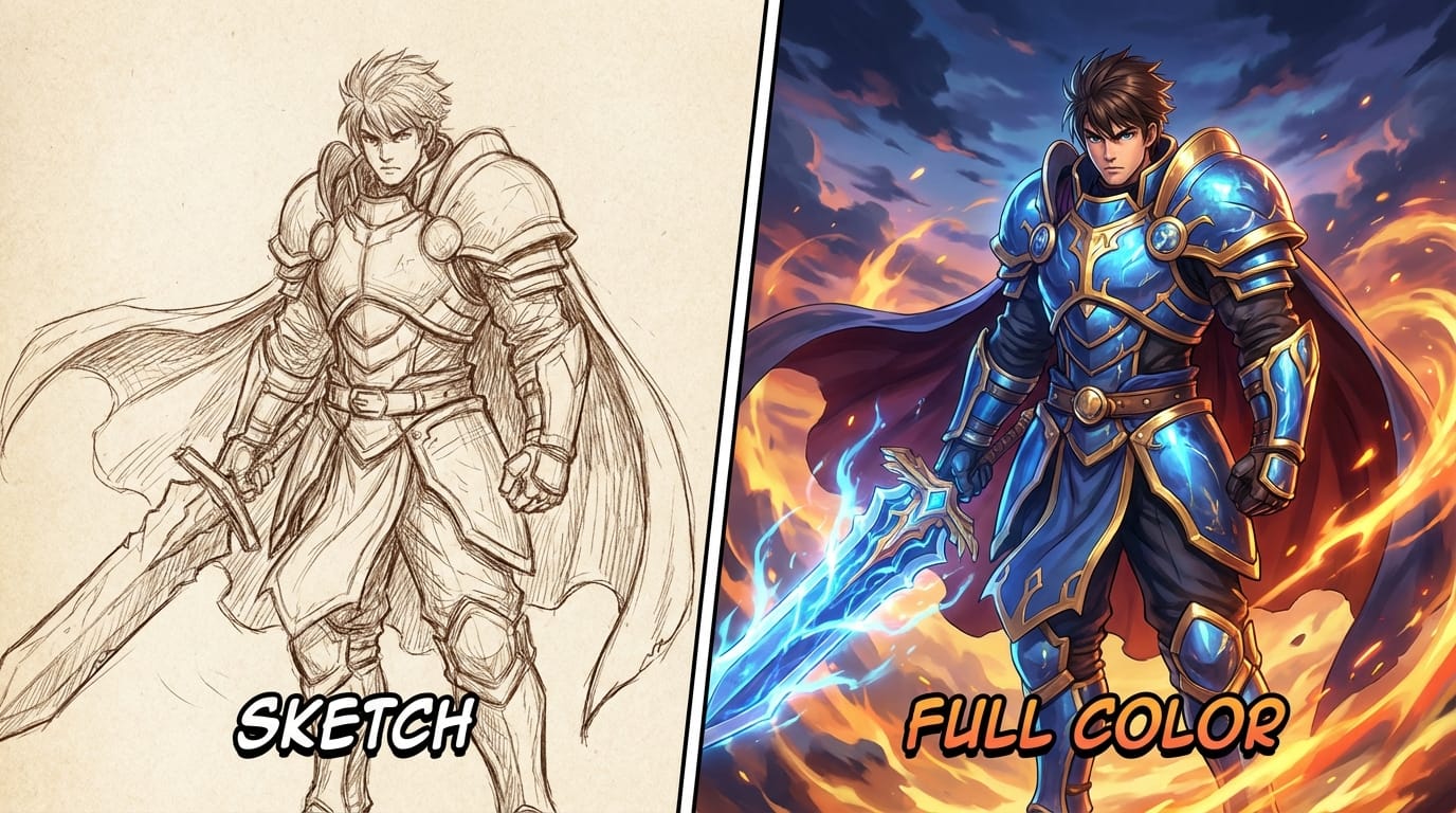 anime style, split screen comparison, left side sketch, right side full color detailed illustration of a fantasy warrior, high contrast