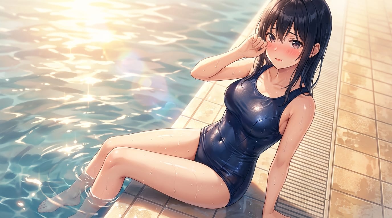 (best quality, highres), 1girl, beautiful anime girl, shiny school swimsuit, pool side, wet skin, water drops on skin, shimmering water, sunlight, lens flare, looking at viewer, embarrassed expression, thighs, detailed texture
