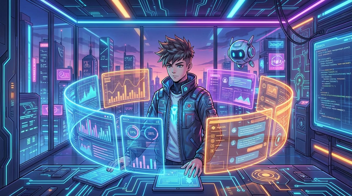 anime style, detailed illustration, a digital entrepreneur working on multiple screens, futuristic workspace, vibrant colors, high quality