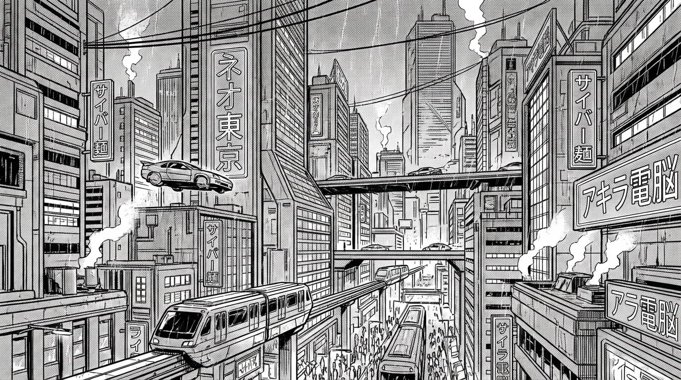 Cyberpunk manga background art, detailed line art with screen tone textures, a futuristic city with neon signs and flying cars