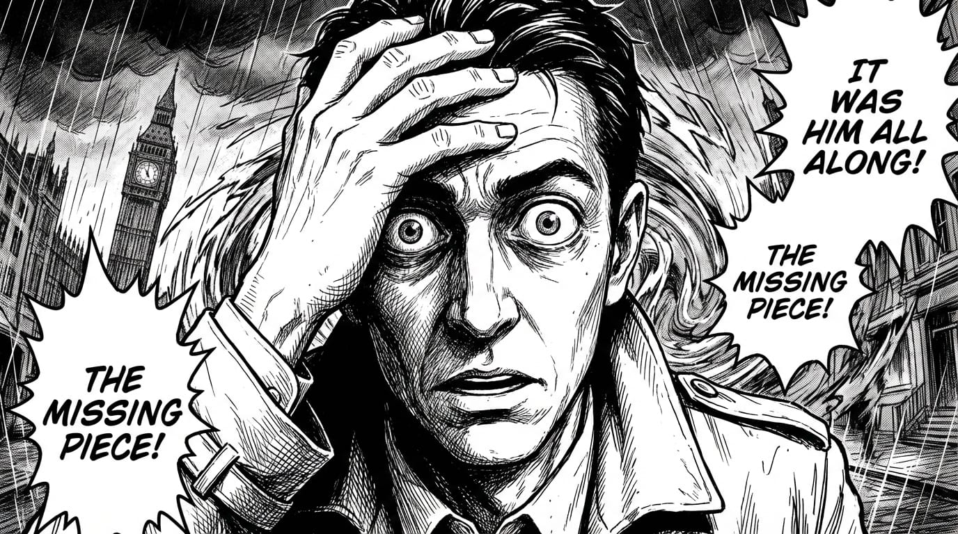 Black and white manga illustration, a detective realizing the truth, dramatic dolly zoom effect on the face, background warping slightly to emphasize shock, high contrast lighting, intense emotional expression, detailed ink lines