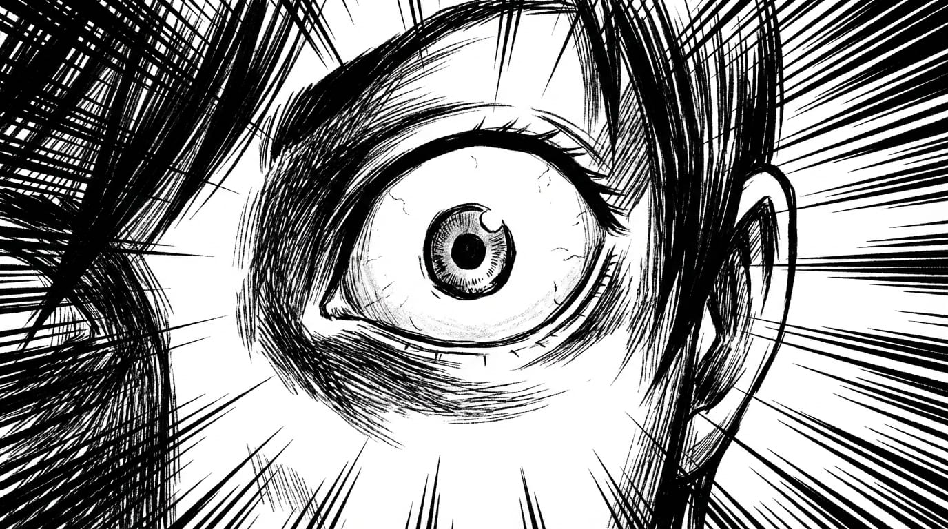 A close-up of a manga character's eye widening in shock, ink style drawing, dramatic speed lines background, high contrast black and white