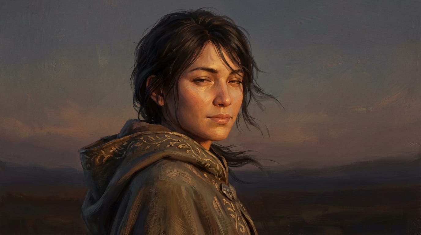The character in the image turns their head slowly to look at the camera, subtle wind movement in hair and clothes, blinking eyes, maintaining the original artistic style and brush strokes, high fidelity motion, cinematic lighting change