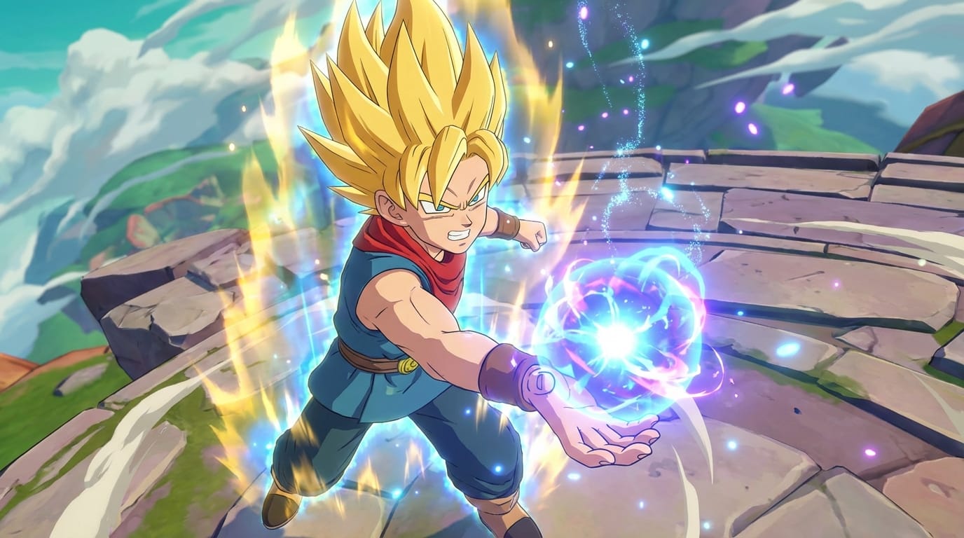 Anime opening style, a young hero with spiky hair charging up magical energy in his hand, glowing aura surrounding him, intense determination on his face, dynamic camera orbit around the character, vibrant colors with cel shading style, particle effects rising, high quality animation