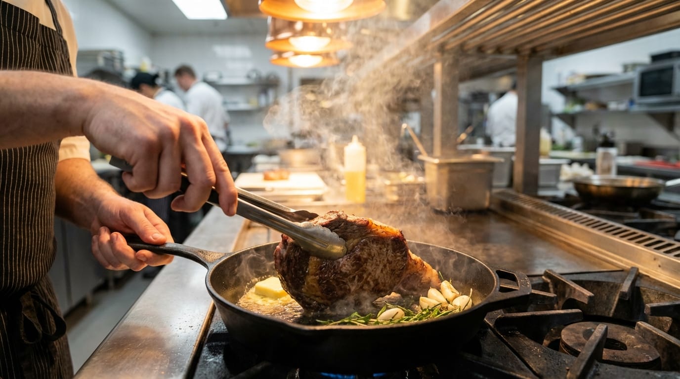 photorealistic close-up of a chef cooking steak in a professional kitchen, steam rising, warm lighting, slow motion, 4k resolution