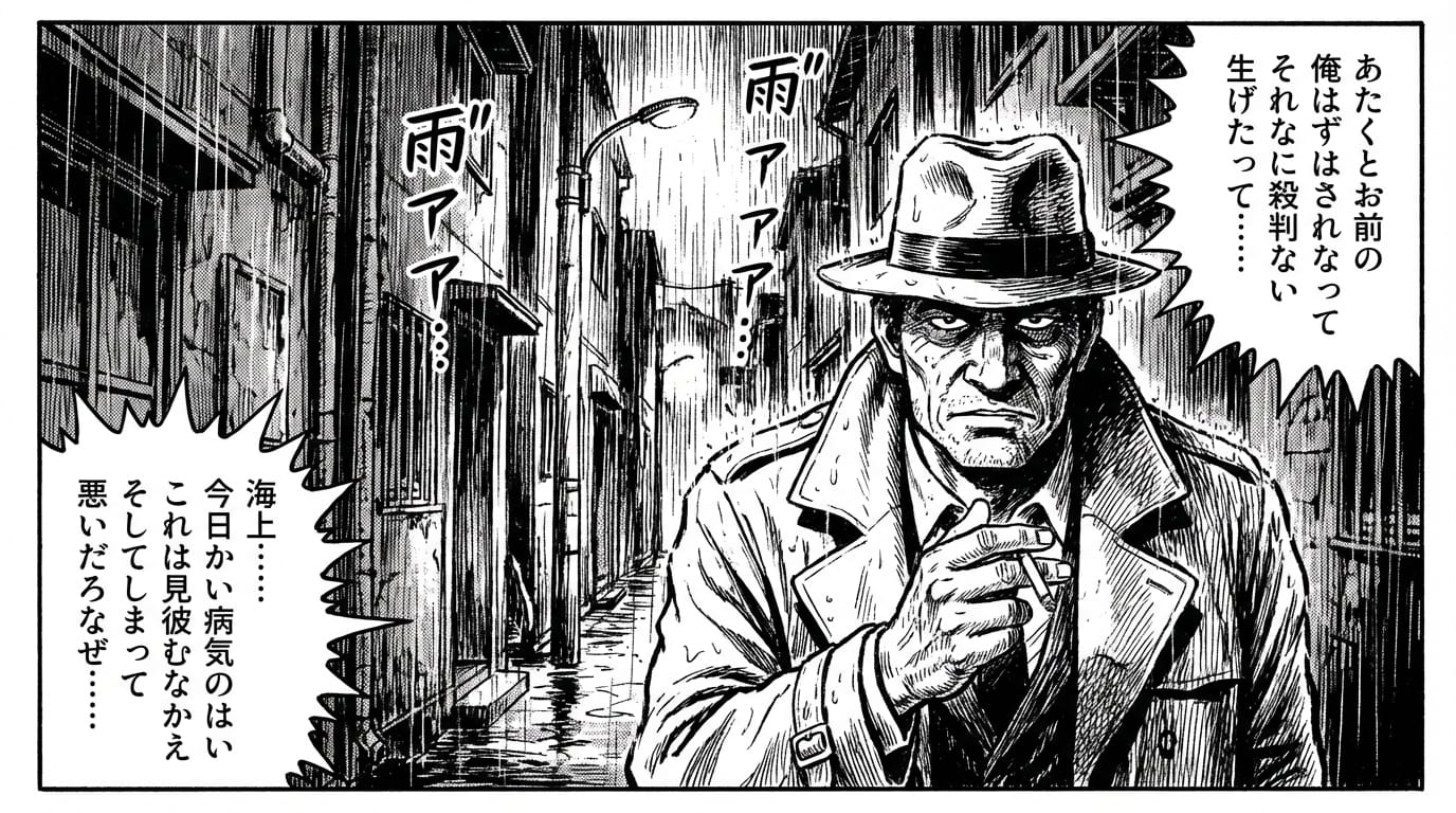 Gekiga style, a hard-boiled detective standing in a rainy alleyway at night, dramatic lighting, strong shadows, realistic facial features, serious expression, detailed cross-hatching texture, black and white manga ink style, high contrast