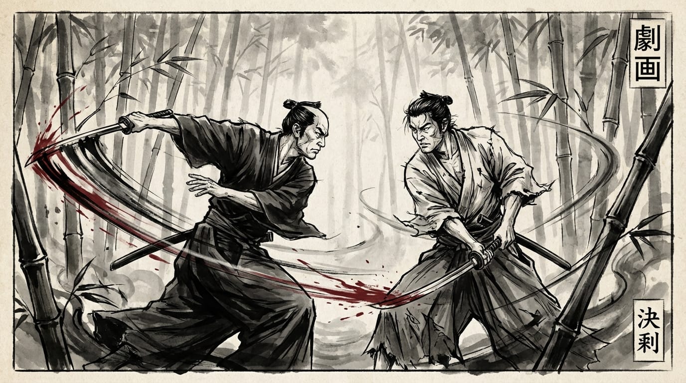 Gekiga style, samurai duel in a bamboo forest, dynamic angle, intense focus, motion blur on sword, realistic anatomy, ink wash painting texture mixed with sharp pen lines, monochrome with splash of red
