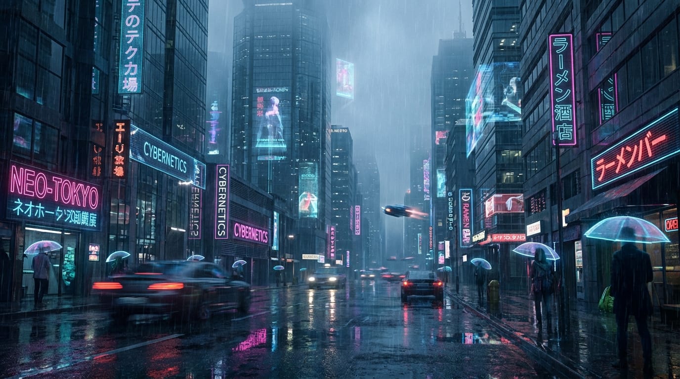 Cinematic shot of a futuristic cyberpunk city street at night, rain falling, neon signs reflecting on wet pavement, towering skyscrapers, flying cars passing by, high detail, photorealistic, 8k