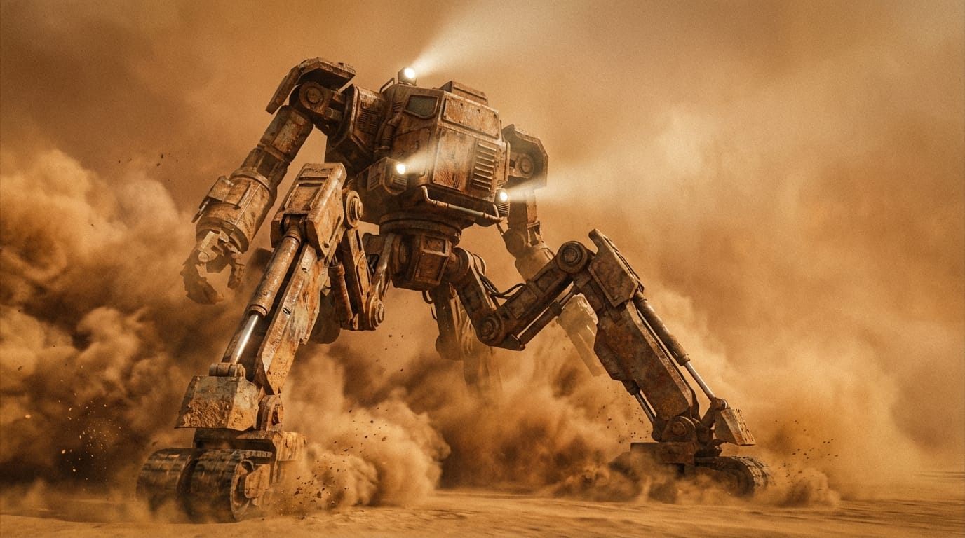 A giant heavy mech robot walking through a desert storm, dust particles swirling, heavy mechanical movement, realistic textures, cinematic angle