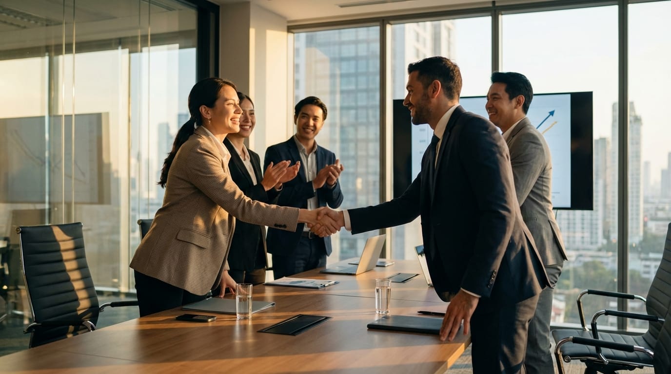 A diverse group of business professionals shaking hands and smiling in a modern conference room, warm lighting, slow motion capture, atmosphere of success and collaboration, realistic facial expressions, cinematic depth of field