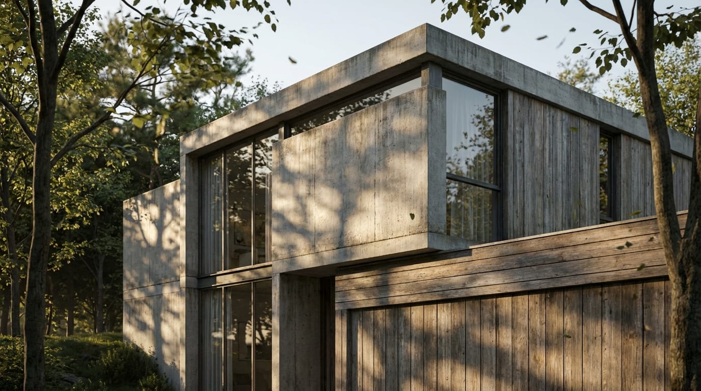 Slow camera zoom in on the architectural structure, natural lighting changes, leaves on trees gently moving in the wind, realistic texture rendering, high fidelity, keeping the original architectural design consistent