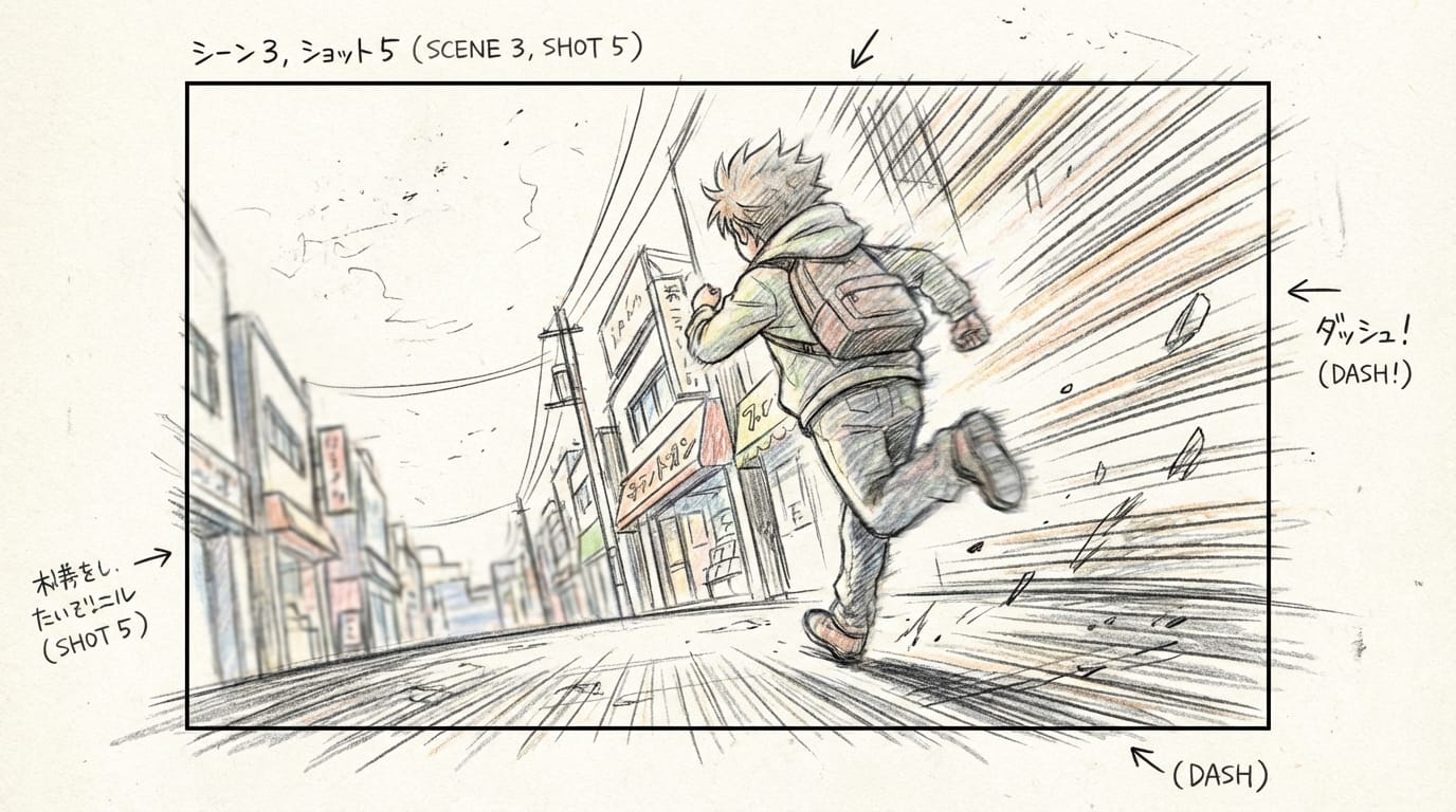 anime style storyboard sketch, dynamic camera angle, character running with intense speed lines, rough pencil touch