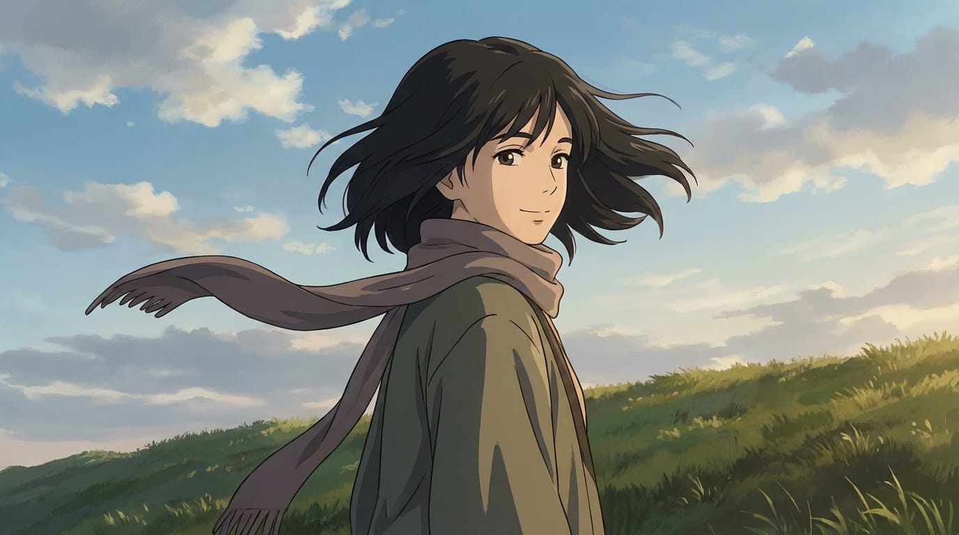 このキャラクターがゆっくりと振り返り、微笑む、髪が風になびく、自然な動き、高品質、アニメ塗り
