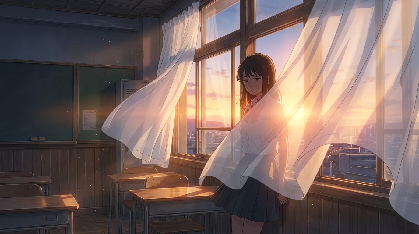 アニメーションスタイル、夕暮れの教室、窓際に立つ女子高生、風でカーテンが揺れる、切ない表情、逆光、映画的なライティング