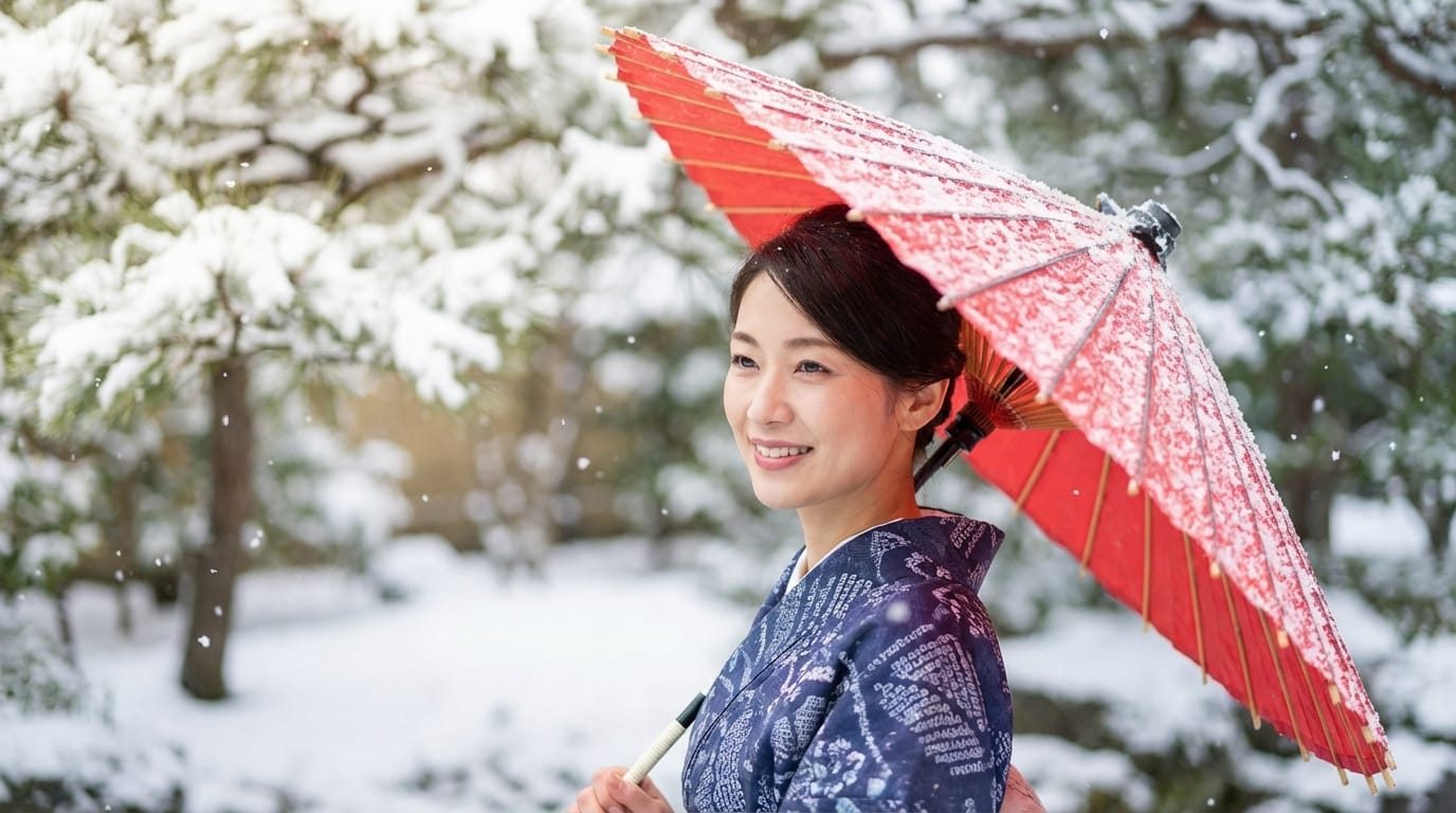 Close up shot of a Japanese woman in Kimono holding a traditional umbrella, standing in snow, snowflakes falling gently, cinematic lighting, shallow depth of field, high resolution