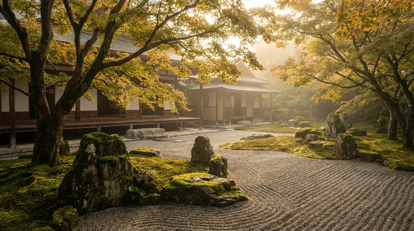 Cinematic wide shot of a traditional Japanese Zen garden in Kyoto, moss covered rocks, raked sand patterns, soft sunlight filtering through maple trees, gentle wind moving the leaves, 4k, serene atmosphere