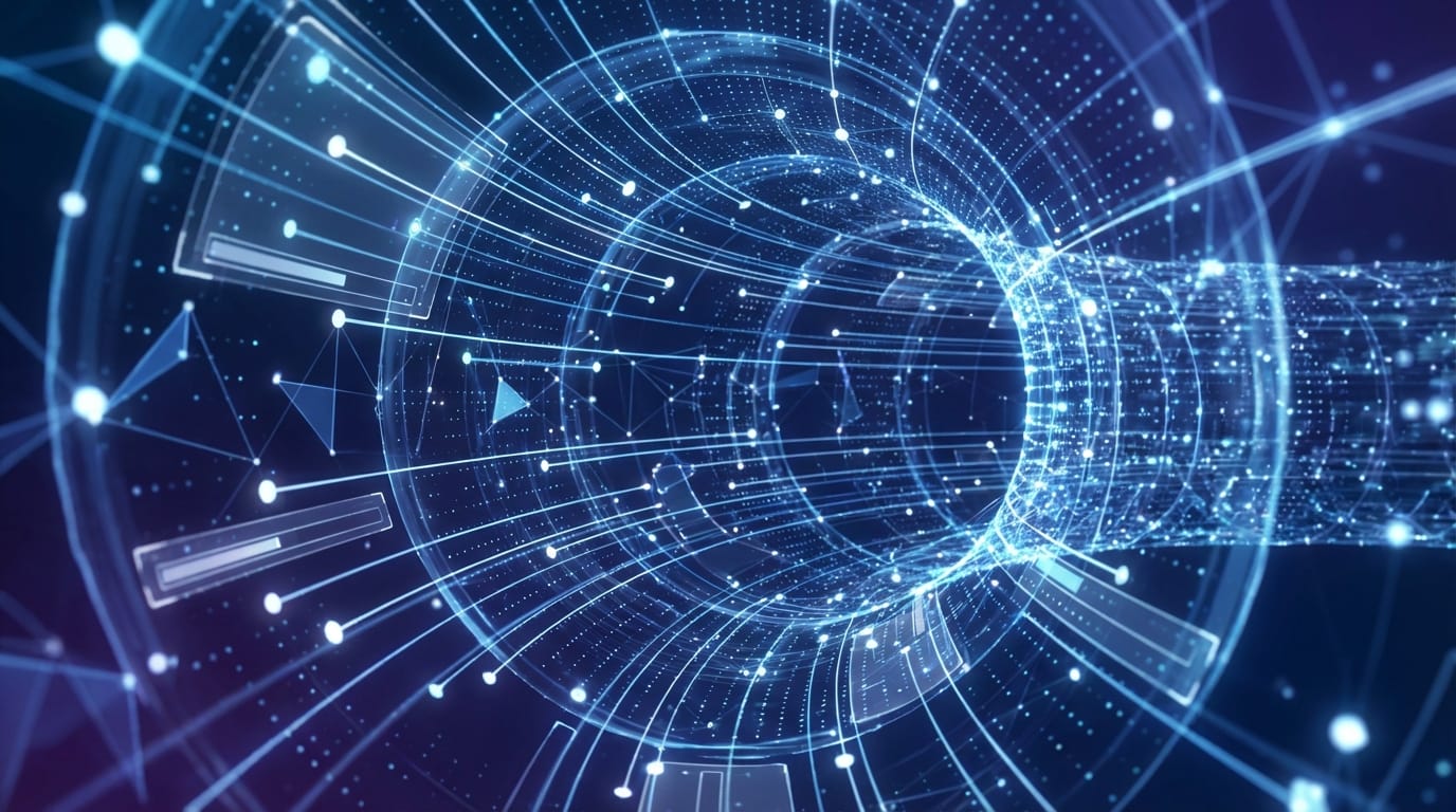 Abstract visualization of digital data streams flowing in a futuristic tunnel, glowing blue and white lines connecting nodes, high tech interface elements floating in 3d space, clean and modern aesthetic, smooth motion graphics style, perfect loop, 4k quality, suitable for technology conference background