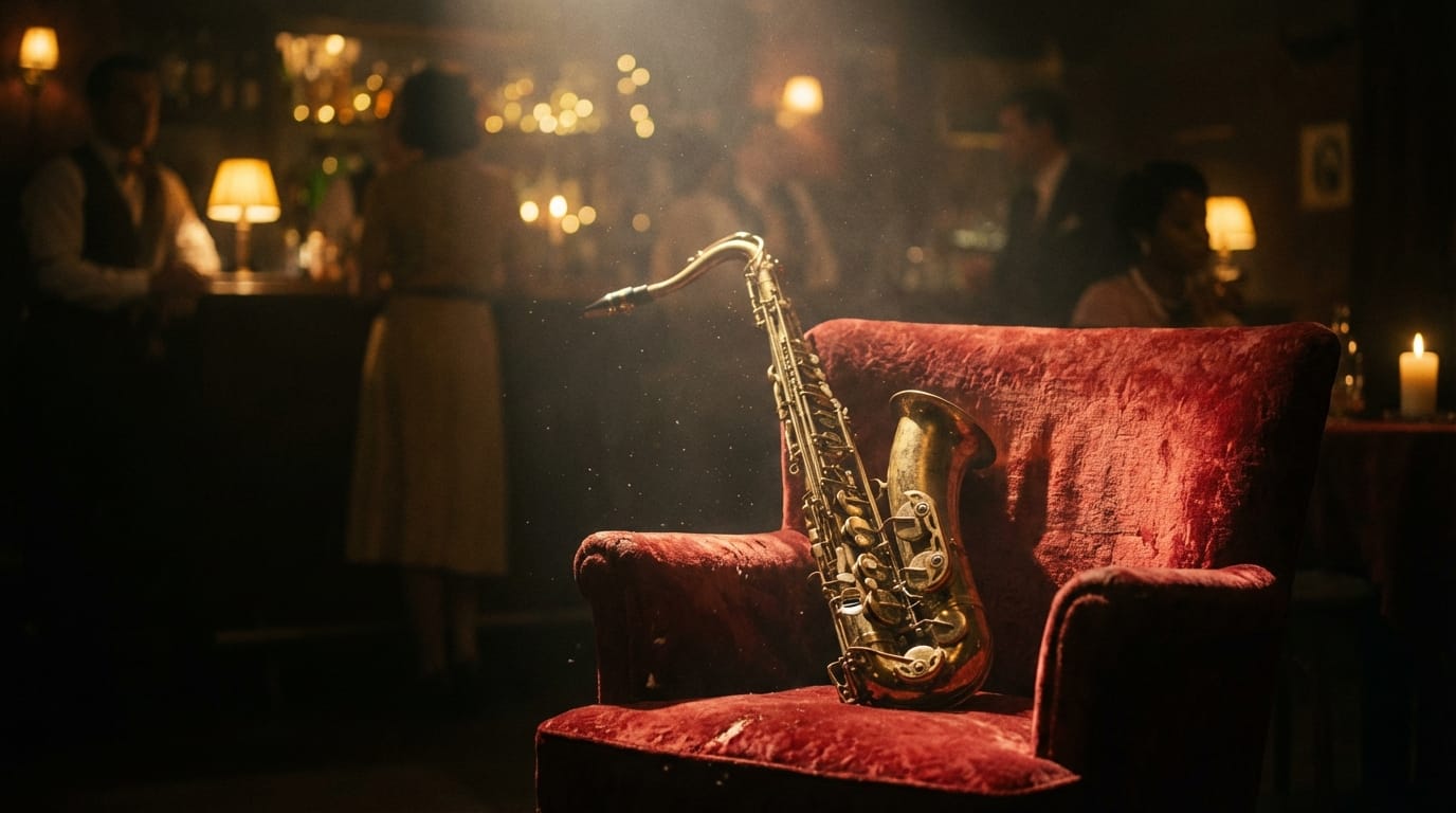 A dimly lit jazz bar atmosphere, a vintage saxophone resting on a velvet chair, soft spotlight illuminating the instrument, dust motes dancing in the light, blurred background with bokeh lights, slow and smooth camera movement, cinematic 8k resolution, moody and sophisticated style